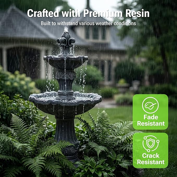 50-Inch Outdoor Water Fountain, 2-Tier Large Italian Cascading Resin Waterfall Fountain, Classic European Pedestal, Floor-Standing Water Feature for Garden, Patio, Backyard, Deck, Lawn in Gray