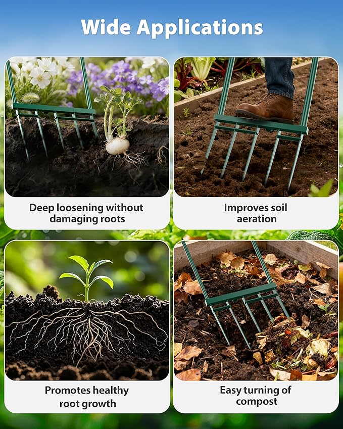 Broadfork Garden Tool, 5-Tine Heavy Duty Broad Fork, Manual Hand Tiller with 58 Inch Ergonomic Handle, Pitchfork Digging Fork for Cultivating Spading Crushing Aerating Gardening Soil