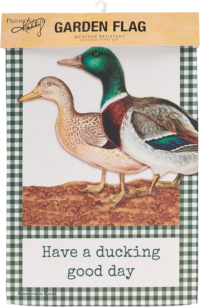 Primitives by Kathy Decorative Double-Sided Garden Flag - "A Ducking Good Day" funny pun, vintage art ducks, green gingham border design, weather resistant, fun yard garden accent