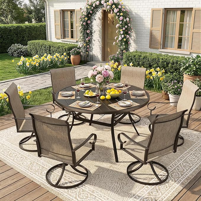 Round Outdoor Dining Table, Metal Round Patio Table for 8-Person with Adjustable Umbrella Hole, Weather-Resistant for Garden Backyard Porch