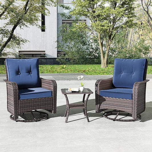 Kullavik 3 Pieces Patio Furniture Set,Outdoor Swivel Glider Rocking Chairs Set,Front Porch Furniture Patio Conversation Sets with Side Table for Balcony Deck Backyard,Navy Blue