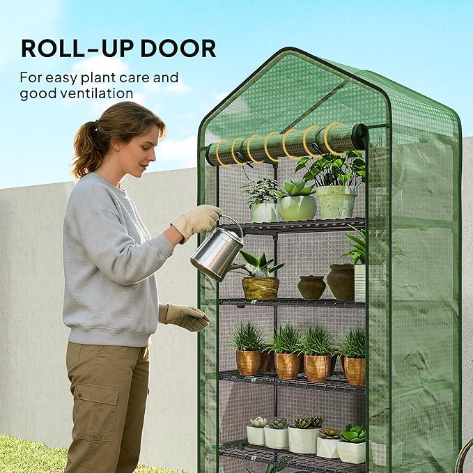 Outsunny 5 Tier Mini Greenhouse, 76" x 35.4" x 19.3" Small Portable Greenhouse with Reinforced PE Cover, Roll-Up Zippered Door, for Indoor Outdoor Garden Yard Backyard, Green
