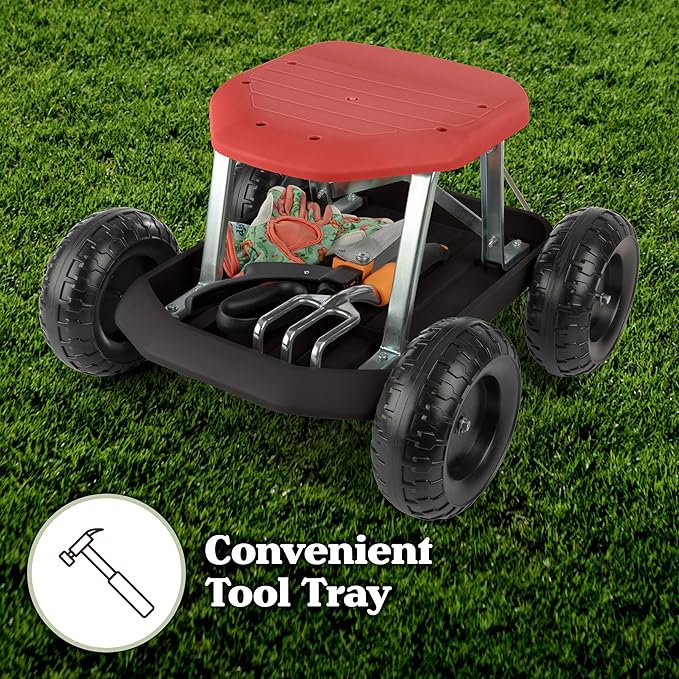 Gardening Stool - Rolling Garden Seat with Wheels and Storage Tool Tray - Garden Cart Scooter - Yard Tools by Pure Garden (Red and Black)