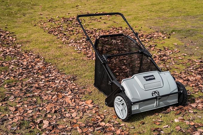 Dapper Supply 21-Inch Push Lawn Sweeper, Grass, Lawn and Leaf Cleanup Collector with Large 3.5 cu. ft. Hopper Bag, Durable Wheels, and Dual Spinning Brushes, Grey