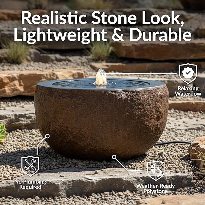 Sunnydaze Outdoor Water Fountain with LED Light - Polystone Round Bowl Bubbler Water Feature with Pump - 9.5" H - for Patio, Garden, Deck, Relaxation and Stress Relief - Brown