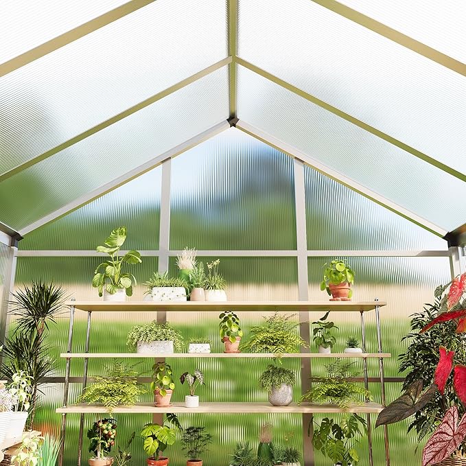 Garvee 8 x 10 ft Greenhouse, Greenhouses for Outside, Polycarbonate Greenhouse with Aluminum Frame, Lockable Door and Ajustable Roof Vent for Backyard, Green Houses for Outside Garden Backyard, Patio