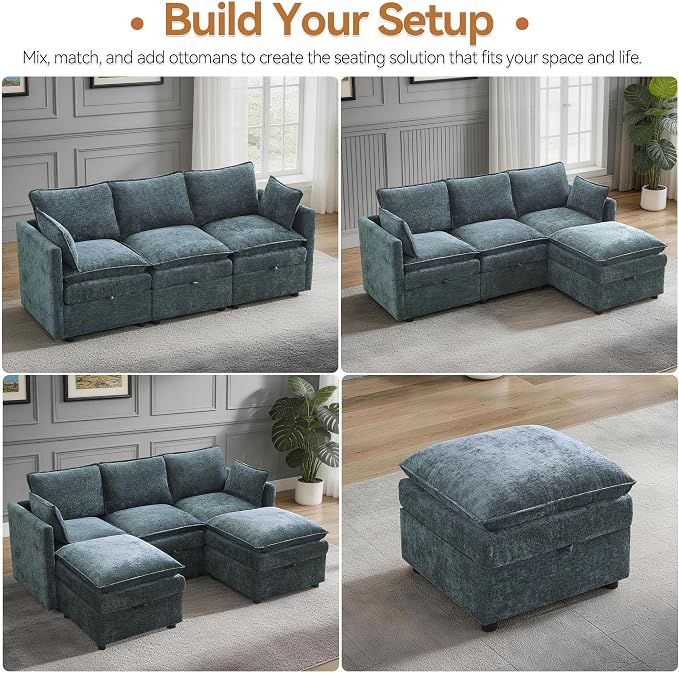 80" U Shaped Storage Modular Sectional Couch with 2 Ottomans, Deep Seat Cloud Sofa with Moveable Ottomans, Comfy Chenille Storage Couch, Modern Sofa for Living Room, Blue