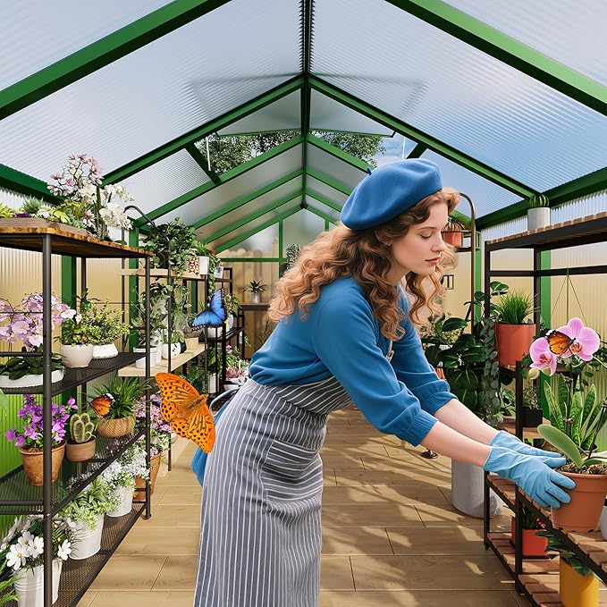 Garvee 6 x 10 ft Greenhouse, Greenhouses for Outside, Polycarbonate Greenhouse with Aluminum Frame, Lockable Door and Ajustable Roof Vent for Backyard, Green Houses for Outside Garden Backyard, Patio