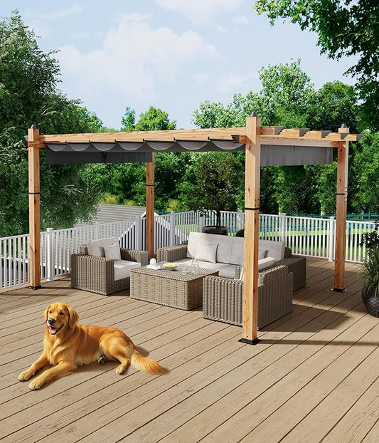 GarveeLife 10 x 13 ft Wood-Grain Aluminum Pergola with Retractable Waterproof Canopy UV Protection Rust-Resistant Sturdy 4-Side Base for Patio Garden Backyard Deck (Gray)