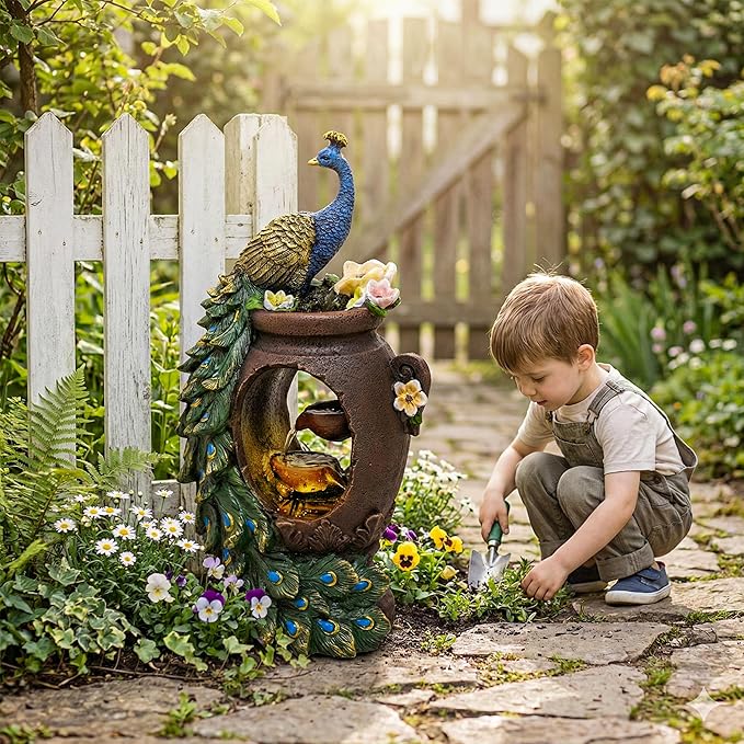 19-Inch Outdoor Water Fountain, 4-Tier Peacock and Cascading Bowls Resin Garden Fountain with Warm LED Light, Peacock Sculpture Water Feature for Garden, Yard, Patio, Deck, Lawn, Porch in Green