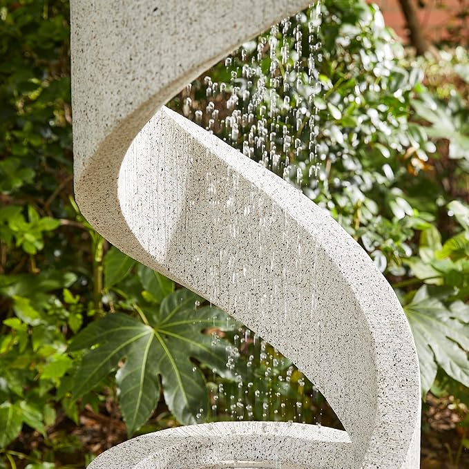 Glitzhome Outdoor Water Fountain, 40.25" H Modern Faux Terrazzo Spiral Shaped Outdoor Fountain with Pump and LED Lights, Polyresin Waterfall Fountain Water Feature for Garden, Patio, Porch Decor