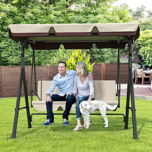 GARTOO 3-Seat Patio Swing Chair, Outdoor Porch Swing with Adjustable Canopy and Durable Steel Frame for Patio, Garden, Poolside (Beige)