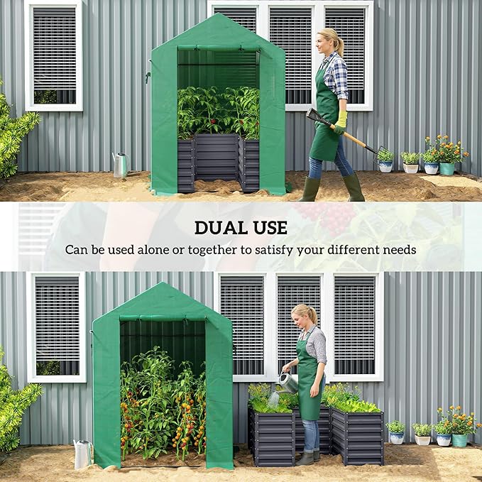 Outsunny Greenhouse with Raised Garden Bed, 56" x 56" x 75" Galvanized Steel Planter Box with PE Cover, Roll Up Door and Windows, Outdoor Greenhouse for Flowers Vegetables, Dark Gray