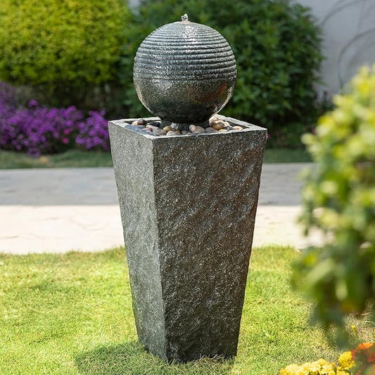 Glitzhome Outdoor Water Fountain, Outdoor Fountain with Pebbles, Pump and LED Light, 31.75" H Modern Geometric Pedestal and Sphere Polyresin Waterfall Fountain for Patio, Backyard, Garden, Deck Decor