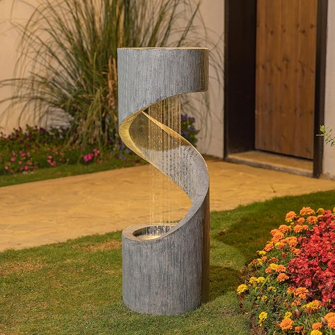 Glitzhome Outdoor Water Fountain, 40" H Polyresin Outdoor Fountain Spiral Shaped Waterfall Fountain with Pump and LED Lights, Modern Garden Fountain Water Feature for Patio, Backyard, Deck Decor