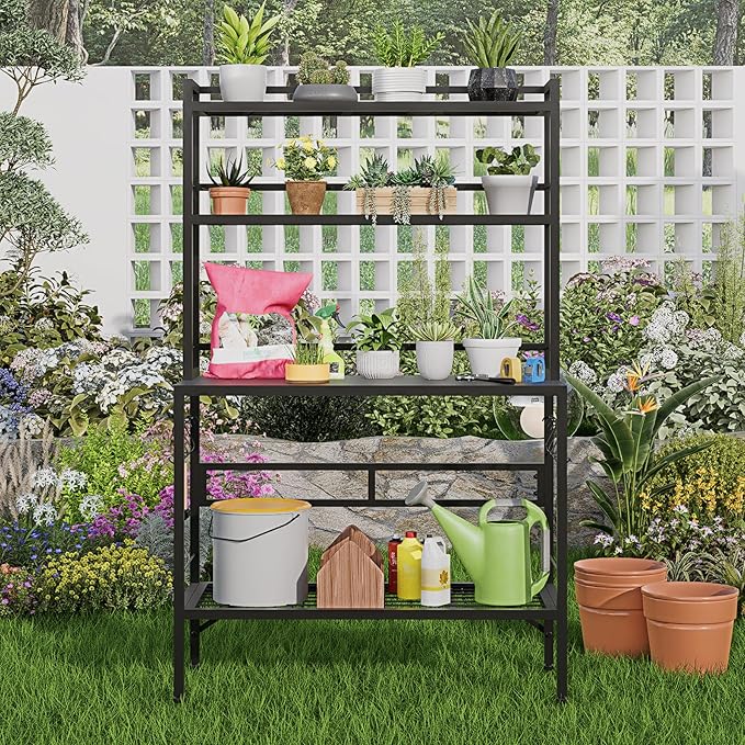 Outdoor Potting Bench Table with Storage, 63" Tall Metal Garden Workstation, 4-Tier Plant Stand Shelves with 8 Hooks, Heavy Duty All-Weather Potting Table for Patio, Backyard, Balcony, Black