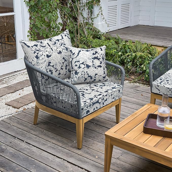 LVTXIII Outdoor Seat and Back Cushion Patio Deep Seat Cushion Set Seasonal Chair Cushion for Wicker Chairs and Garden Furniture Decoration, 22"x22"x4", Damask Lapis