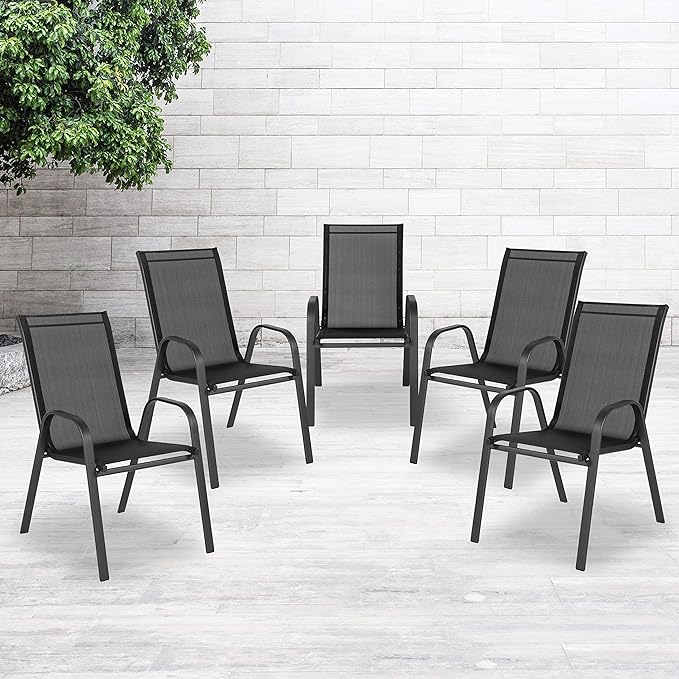 Flash Furniture Brazos Series Outdoor Stackable Patio Chairs with Flex Comfort Material, Stacking Outdoor Modern Sling Patio Chairs, Set of 5, Black