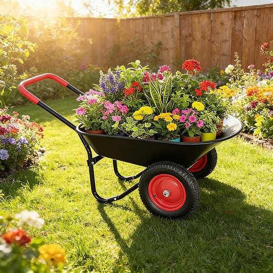 2 Wheel Wheelbarrow, Dual-Wheel Garden Dump Cart with 13" Non-Slip Pneumatic Tires & Ergonomic Padded Handle, Heavy-Duty Home Utility Yard Cart Wagon with 4.5 Cu Ft Capacity for Lawn, Gardening