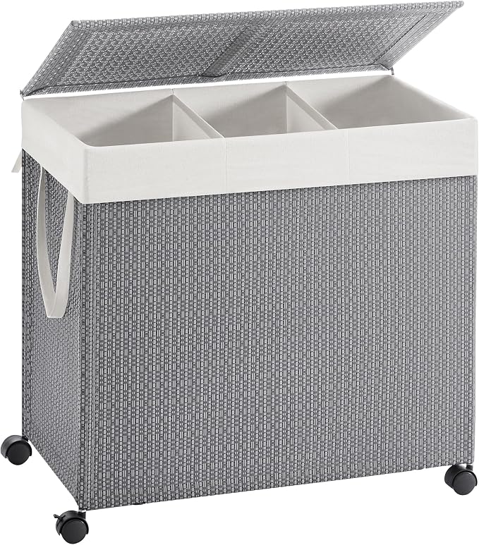 SONGMICS HOME Laundry Hamper with 3 Section, 140 L, Rattan, with Wheels | Rolling Clothes Basket with Lid, Removable Liner with Handles, Gray and Black, PEZZO Collection ULCB602G01