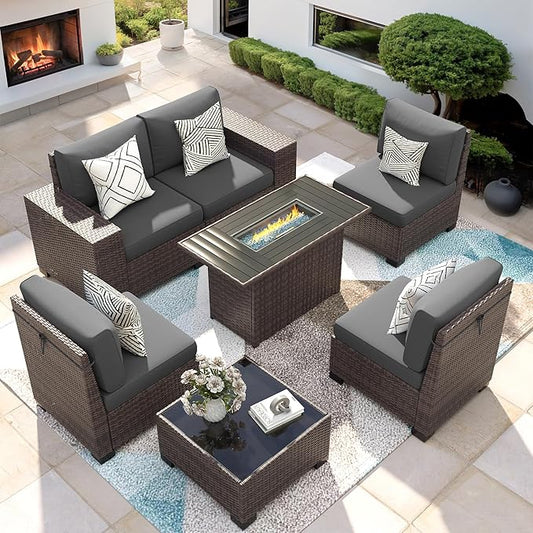 Patio Furniture Set with Fire Pit Table, 7 Piece Outdoor Sectional Conversation Sets Wicker Rattan Sectional Sofa with Coffee Table for Patio Garden Backyard, 4'' Thickened Cushion Dark Grey