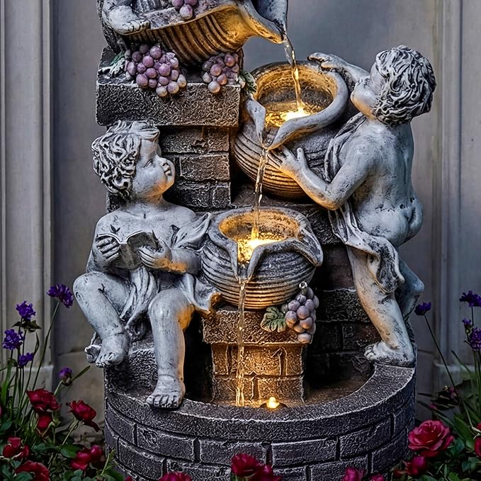 21-Inch Outdoor Water Fountain, 4-Tier Cascading Resin Cherub Garden Fountain with 3 LED Lights, European Style Decorative Water Feature for Backyard, Patio, Deck, Lawn, Balcony in Gray