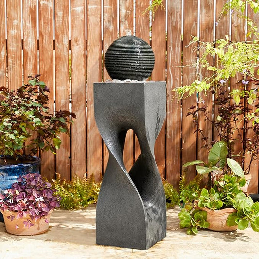 Glitzhome Outdoor Water Fountain, 40.5" H Modern Geometric Pedestal and Sphere Polyresin Outdoor Fountain, Garden Fountain Waterfall with Pebbles, Pump and LED Light for Patio, Backyard, Porch, Deck