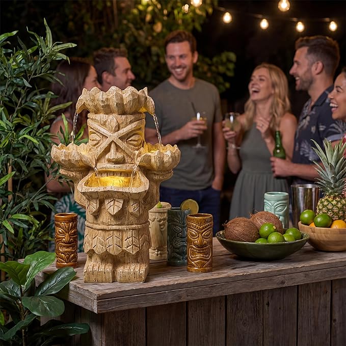20-Inch Outdoor Water Fountain, 3-Tier Polynesian Tiki Head Resin Waterfall Fountain with 4 Warm LED Lights, Home Art Decor for Garden, Patio, Yard, Deck, Porch, Deck or Lawn in Natural Wood