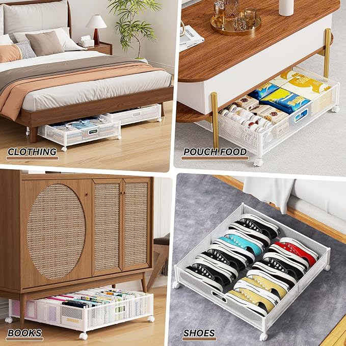 PHINOX Under Bed Storage with Wheels & Handle,Metal,Large,4 Pack,White