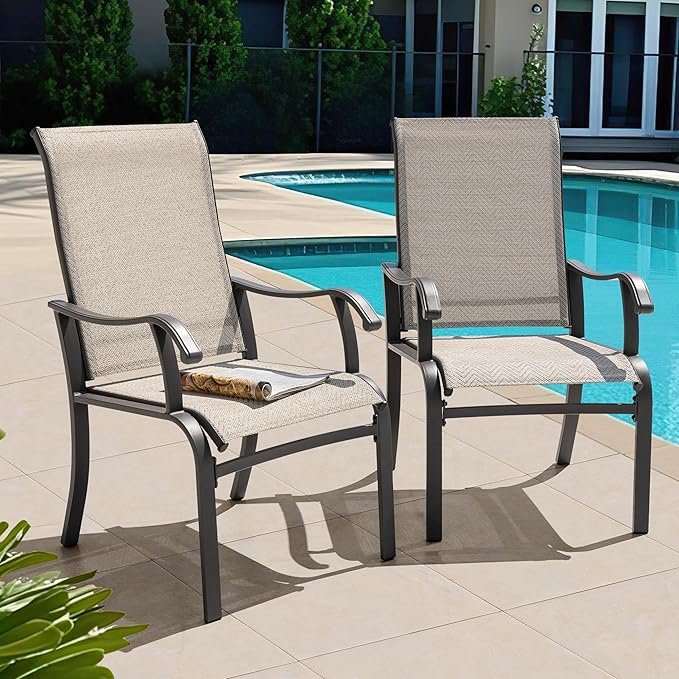 NUU GARDEN Patio Dining Chairs Set of 2, Outdoor Dining Chair with Powder-Coated Frame, All Weather Metal Dining Chairs with Textilene High Back and Wider Seat for Backyard, Deck, Balcony, Beige
