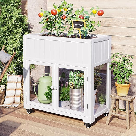 LUMISOL Wood Cold Frame, 2 Doors Garden Greenhouse with Wheels, Raised Bed with Liner for Indoor Outdoor Use, White