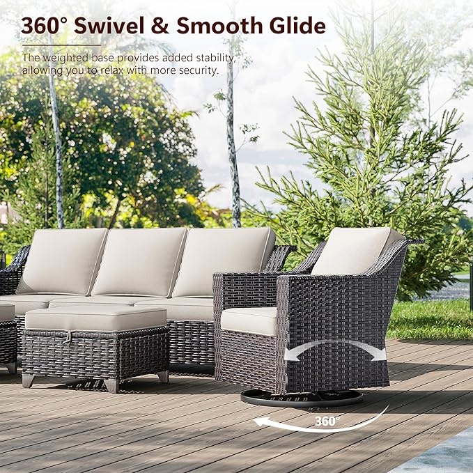 8 Pieces Wicker Patio Furniture, Luxury Outdoor Furniture with 2 Patio Swivel Chair, 2 Patio Chair, 3-Seater Sofa, 2 Patio Ottoman and 1 Side Table, Wide Armrest, Thickened Cushions