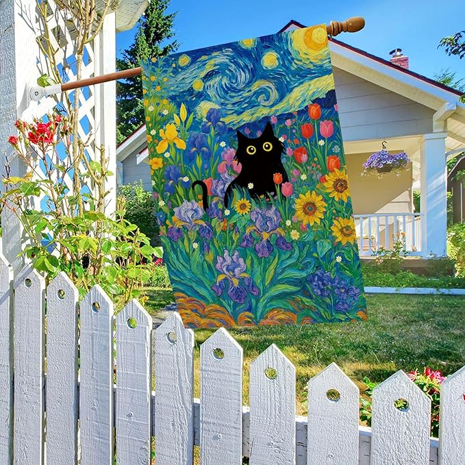 Baccessor Spring Summer Black Cat House Flag Double Sided 28x40 Inch Burlap,Starry Night Sunflowers Welcome Large Garden Flag Porch Patio Yard Seasonal Farmhouse Outside Outdoor Decor