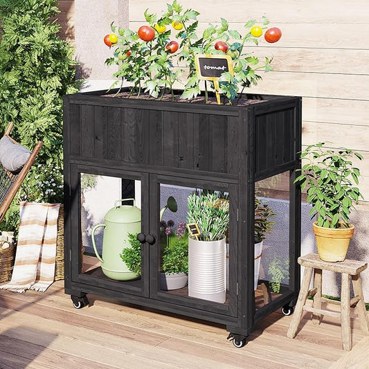 Polibi Patio Mini Wood Cold Frame, Compact 2 Doors Garden Greenhouse with Wheels, Raised Bed with Liner for Indoor Outdoor Use,35.4''x17.7''x37.4'',Black