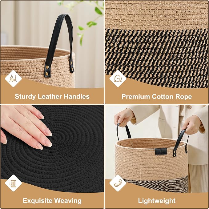 VIPOSCO 72L Tall Woven Rope Laundry Hamper, Leather Handles, Brown & Black | Large Wicker Laundry Basket for Dirty Clothes, Blanket, Toy, Towel, Yoga Mat, Storage Bin in Bedroom, Bathroom, Living Room