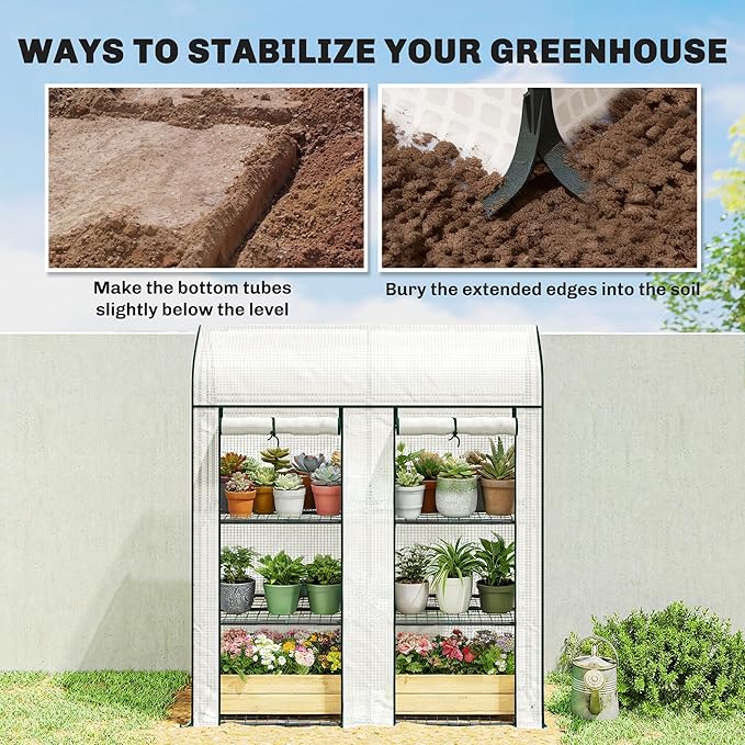 Outsunny 3 Tier Mini Greenhouse, 56.3" x 18.1" x 65" Small Portable Greenhouse with 2 Roll-up Doors, Garden Plant Growhouse with PE Cover for Indoor Outdoor, White