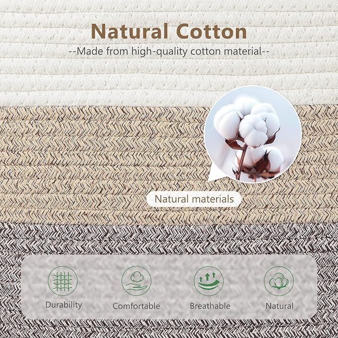ECDYQXVU 15x10x9 Inch Woven Cotton Rope Storage Basket, 2 Pack | Foldable Design, Built-in Handles, Space-saving Organizer for Living Room, Bedroom, Laundry, Shelves, Clothes, Towels