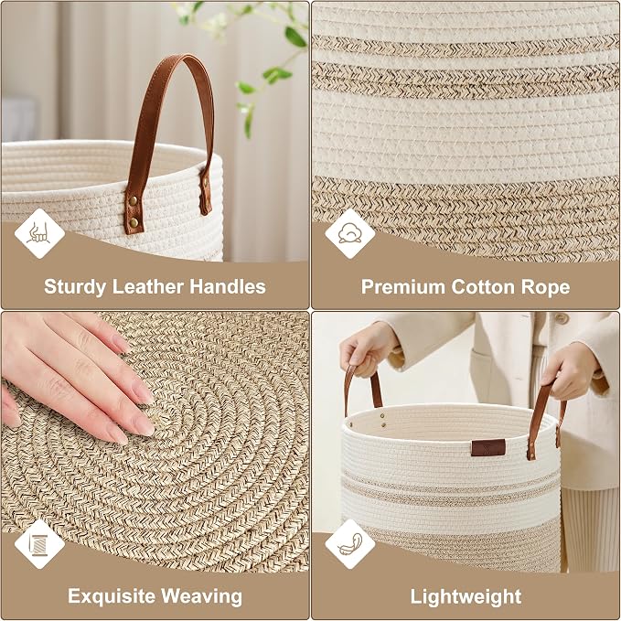 VIPOSCO 58L Tall Woven Rope Laundry Hamper, Leather Handles, Brown & White | Large Wicker Laundry Basket for Dirty Clothes, Blanket, Toy, Towel, Yoga Mat, Storage Bin in Bedroom, Bathroom, Living Room