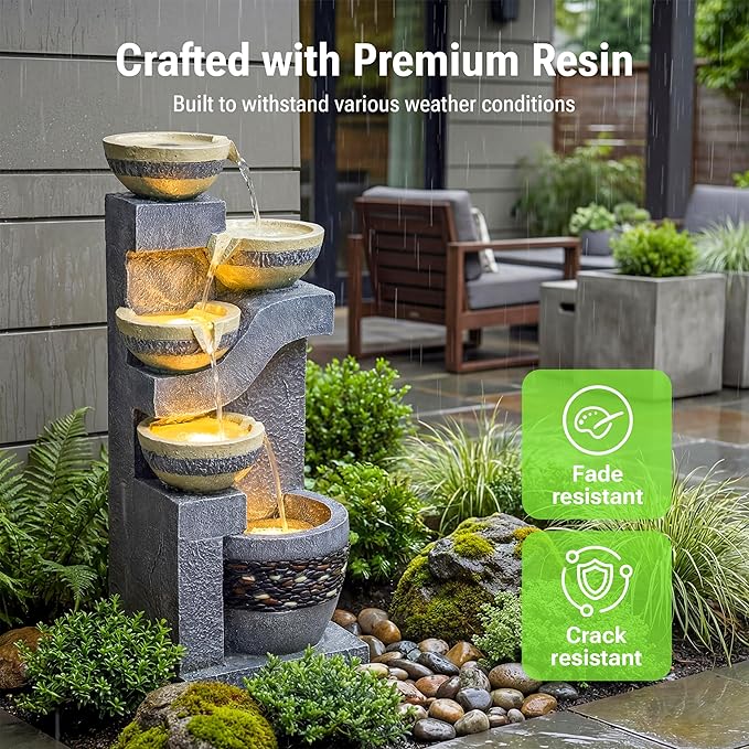 31-Inch Outdoor Water Fountain, 5-Tier Cascading Bowls Stacked Stone Design Resin Waterfall Fountain with 3 LED Lights, Home Art Decor for Garden, Patio, Yard, Porch, Deck or Balcony in Gray