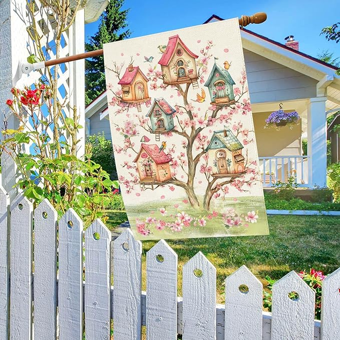 Baccessor Spring Birds House Flag Double Sided 28x40 Inch Burlap,Pink Floral Flower Tree Large Garden Flag Porch Patio Front Entry Yard Seasonal Farmhouse Outside Outdoor Decor