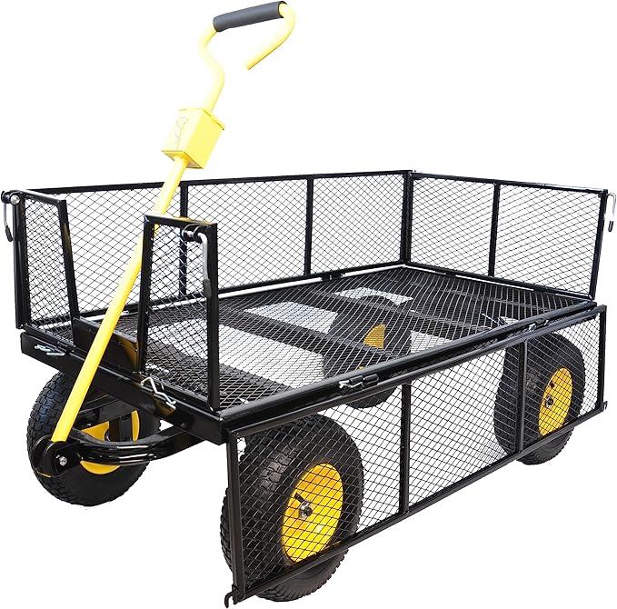 Big Garden Wagon Cart with 880 LBS Capacity, Heavy Duty Yellow & Black Utility Cart with Pneumatic Tires for Firewood, Yard Debris & Farm Transport, Yellow