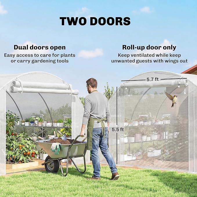 Outsunny 10'x11'x6' Walk-in Tunnel Greenhouse with Shelves, Mesh Door and Windows, Hoop House Greenhouse with PE Cover, Outdoor Green House for Patio Lawn Garden, White
