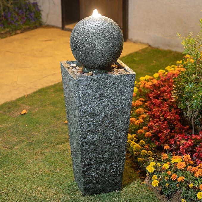 Glitzhome Outdoor Water Fountain, Outdoor Fountain with Pebbles, Pump and LED Light, 40.25" H Modern Geometric Pedestal and Sphere Polyresin Waterfall Fountain for Patio, Backyard, Garden, Deck Decor