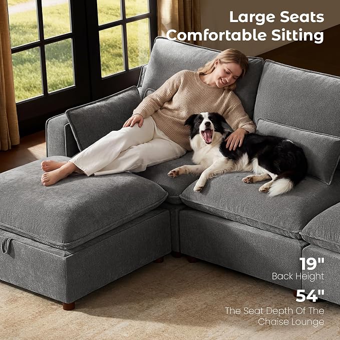 WorthFurni Modern Modular Sectional Sofa,134" Sleeper Sofa Bed Sectional Cloud Couch with Storage Ottoman,Comfty Sofa for Living Room,Grey Chenille