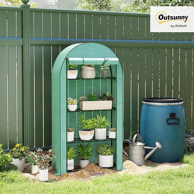 Outsunny 4 Tier Mini Greenhouse, 41.3" x 17.7" x 63" Portable Greenhouse with Roll-Up Door and PE Cover, for Backyard Garden, Green