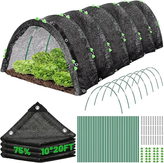 10 X 20FT 75% Garden Shade Cloth with Hoops,Plant Shade Cloth Garden Greenhouse Grow Tunnel for Heat Protection,Raised Bed Row Cover Black Netting Tarp for Outdoor Outside Patio Chicken Coops