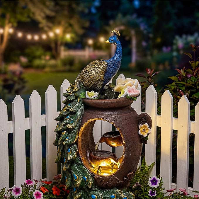 19-Inch Outdoor Water Fountain, 4-Tier Peacock and Cascading Bowls Resin Garden Fountain with Warm LED Light, Peacock Sculpture Water Feature for Garden, Yard, Patio, Deck, Lawn, Porch in Green