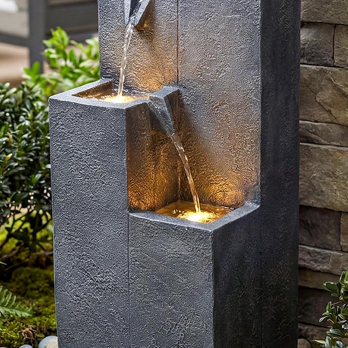 33-Inch Modern Outdoor Water Fountain, 4-Tier Resin Garden Waterfall Fountain, with Soothing Water Sound & Warm LED Light, Home Decor for Patio, Yard, Porch, Deck, Lawn or Balcony in Gray