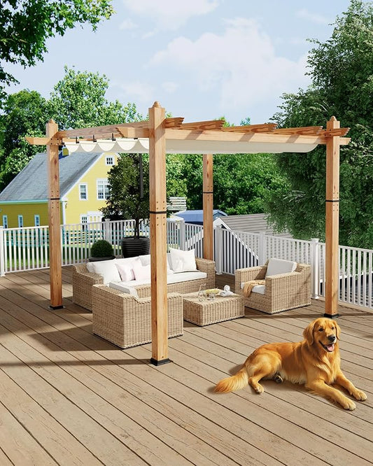 KYBOLT 10x10 Ft Outdoor Pergola with Retractable Canopy Aluminum Imitation Wood Grain Metal Patio Pergola for Backyard Deck Porch Grape Trellis(Beige)