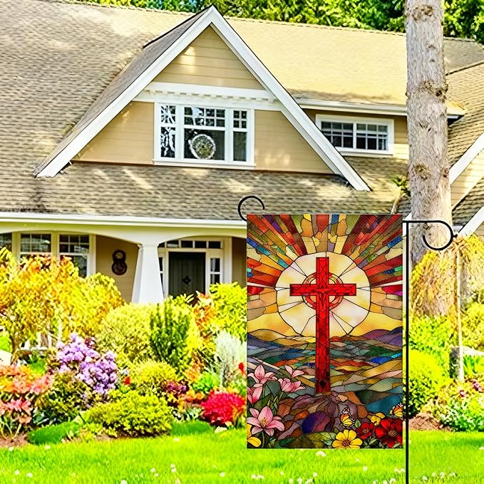 Christian Cross Religious Garden Flag Double Sided Jesus Stained Glass Style four season Garden Flag,Christ Garden Flags for Outside Lawn House Outdoor Yard Sign Garden Decor 12x18 Inch